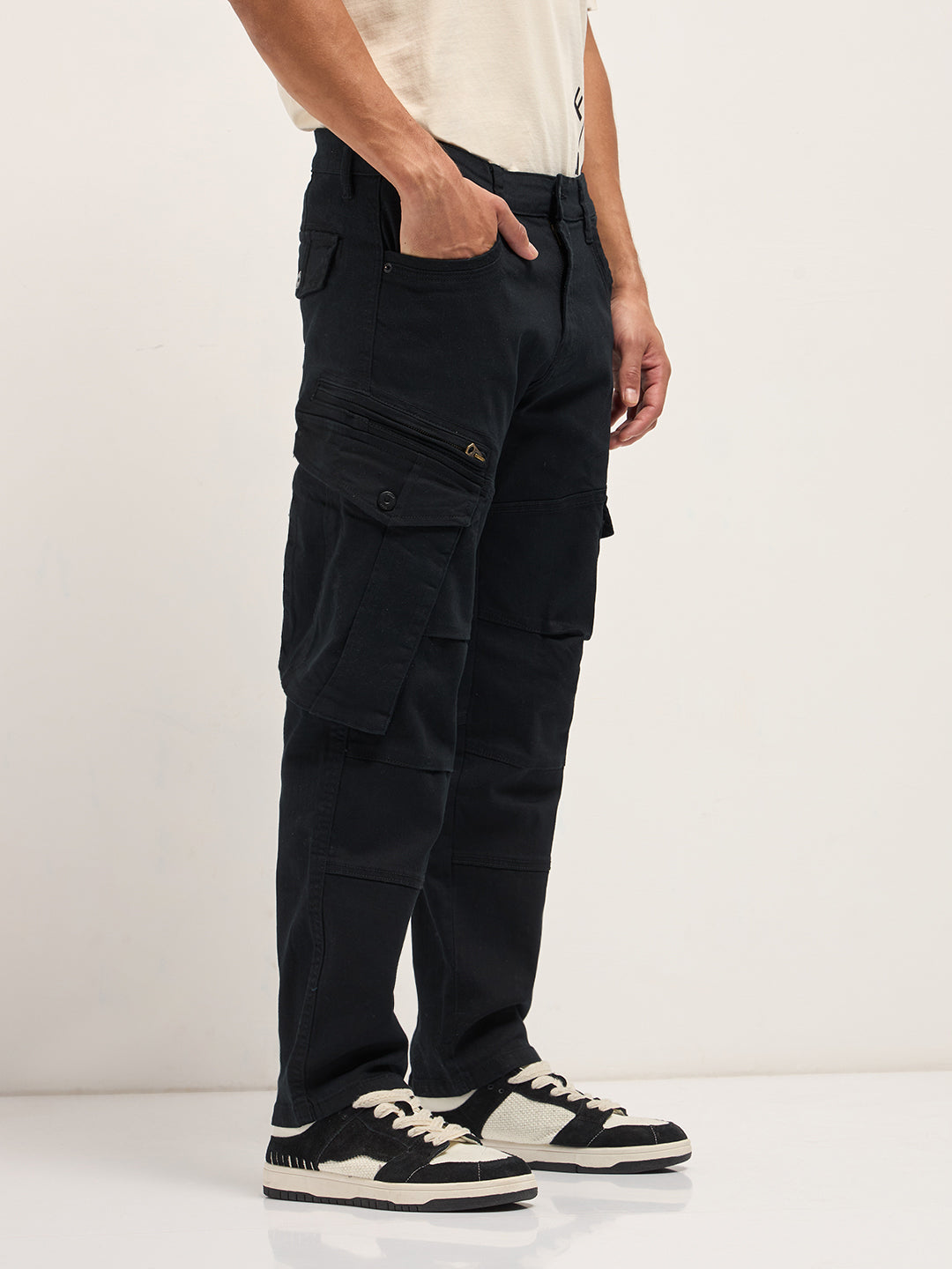 black solid straight fit cargo denim with utility pockets black solid straight fit cargo denim with utility pockets