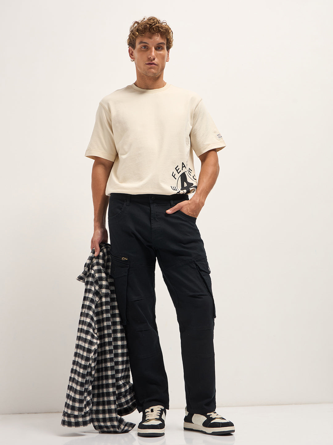 black solid straight fit cargo denim with utility pockets black solid straight fit cargo denim with utility pockets