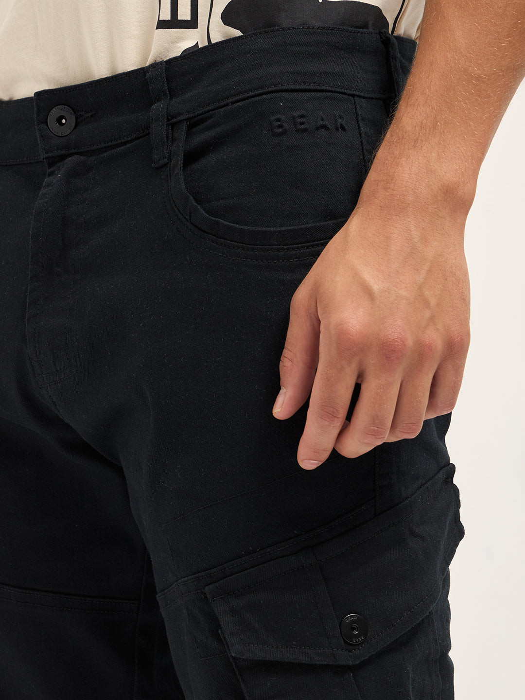 black solid straight fit cargo denim with utility pockets black solid straight fit cargo denim with utility pockets