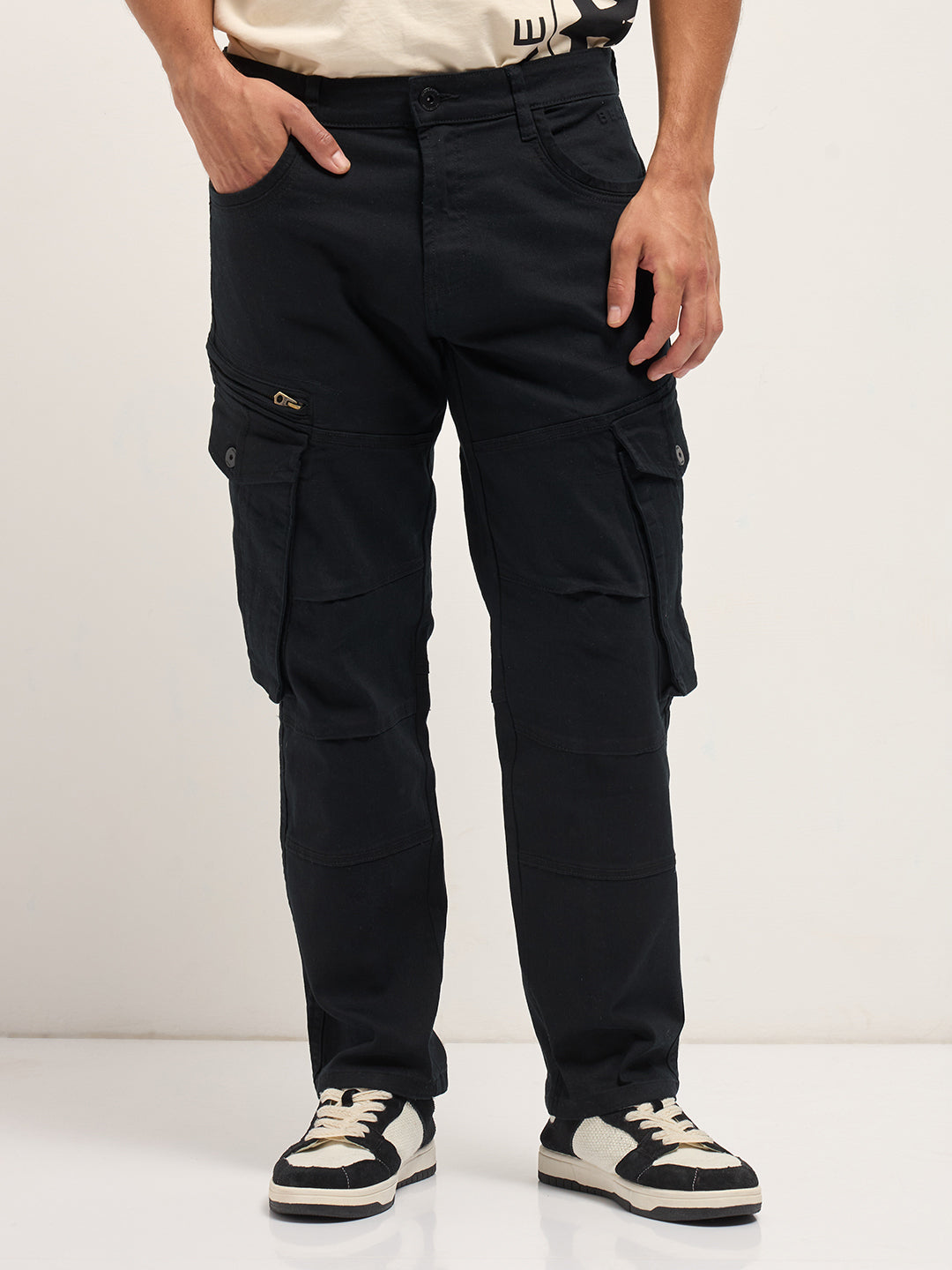 black solid straight fit cargo denim with utility pockets black solid straight fit cargo denim with utility pockets