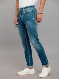 medium blue 5 pocket low rise tapered ankle length stretch jeans