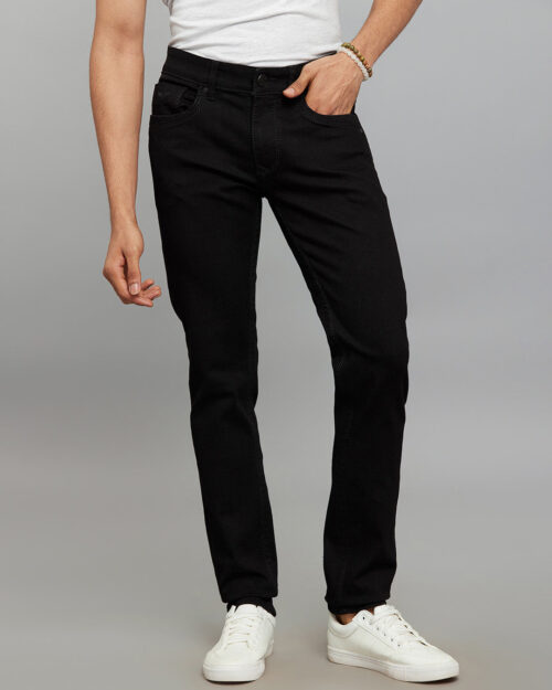 Home black 5 pocket mid rise slim straight fit stretch jeans