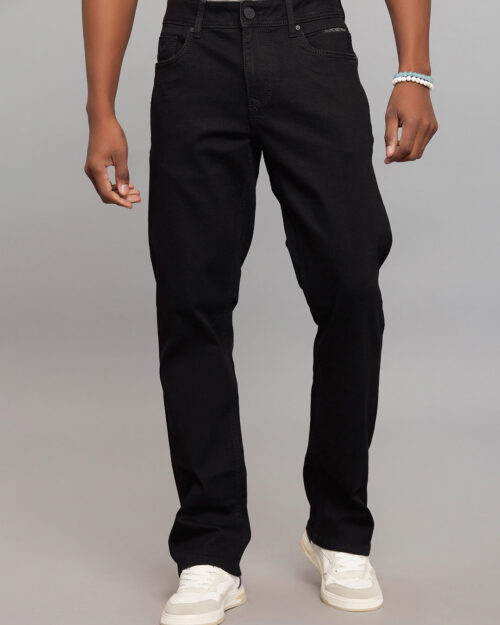 black 5 pocket midrise, comfort and straight fit stretch jeans