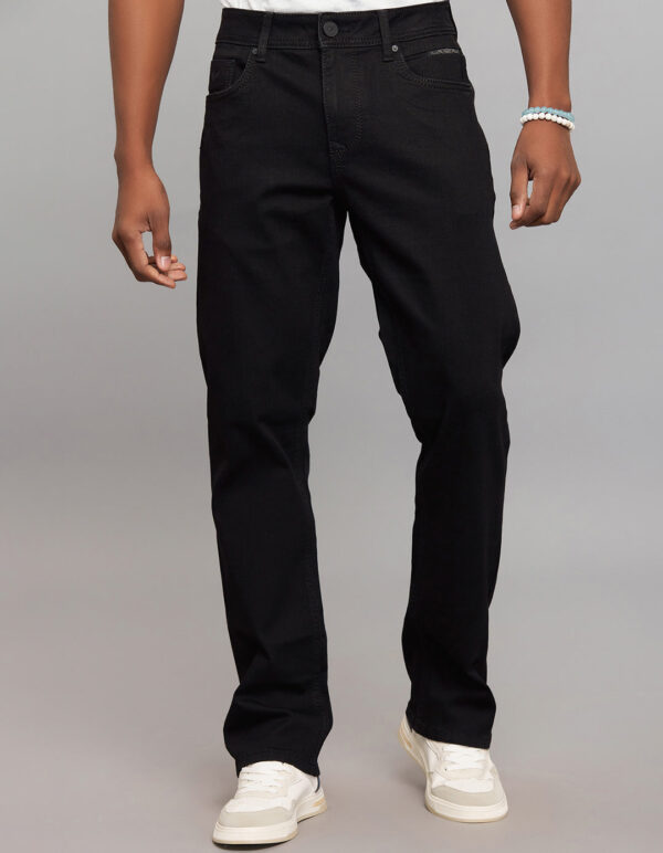 black 5 pocket midrise, comfort and straight fit stretch jeans