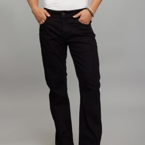 black 5 pocket mid rise cropped length loose boot leg stretch jeans