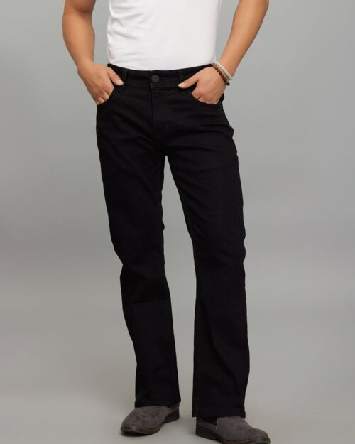 Home black 5 pocket mid rise cropped length loose boot leg stretch jeans