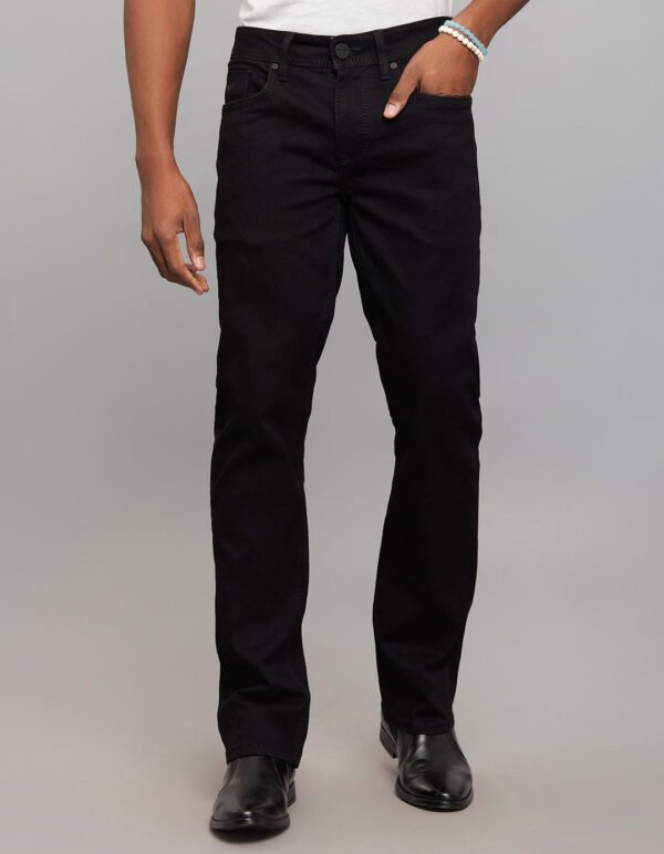 black 5 pocket mid rise loose boot leg stretch jeans