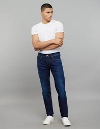 medium blue 5 pocket mid rise slim straight fit classic stretch jeans