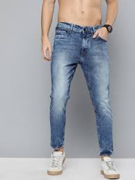 medium blue 5 pocket low rise tapered ankle length stretch jeans