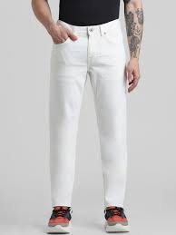 white 5 pocket low rise tapered ankle length stretch jeans