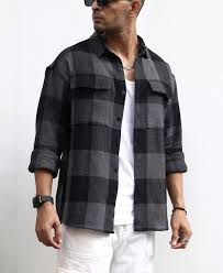 charcoal black checks structured oversize drop shoulder shirt