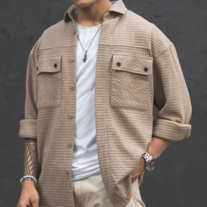 camel structured double pockets shacket oversized shirt