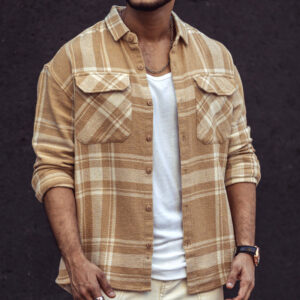 beige and white checks oversize drop shoulder shirt