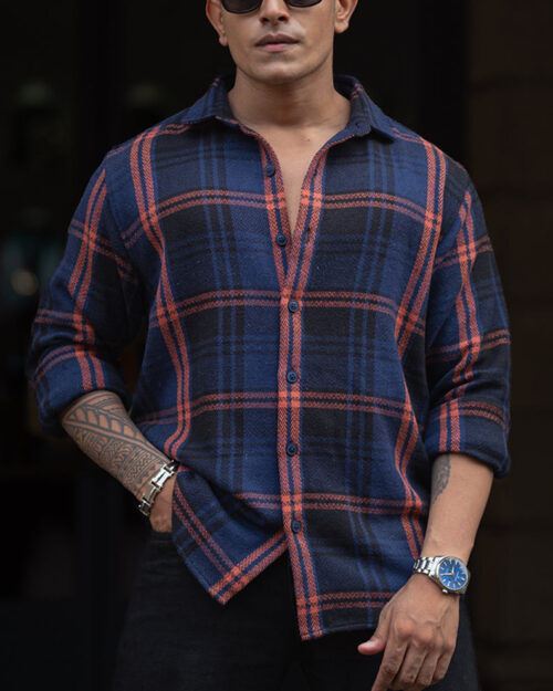 blue and orange checks regular fit full sleeves shirt