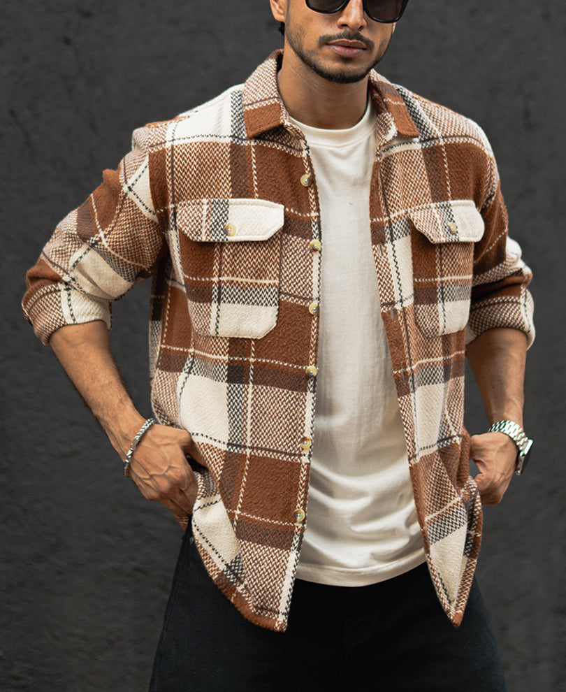 brown and off white checked regular fit full sleeves shirt brown and off white checked regular fit full sleeves shirt