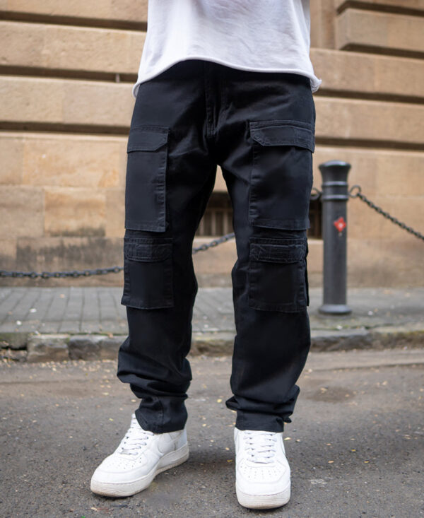 black regular fit cargo pant with multiple pockets