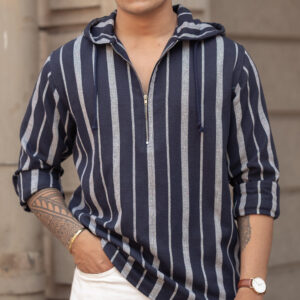 blue and white stripes regular fit full sleeves hoodie shirt