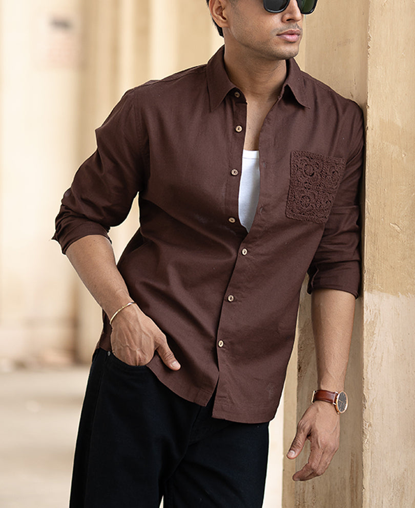 brown full sleeves regular fit linen shirt brown full sleeves regular fit linen shirt