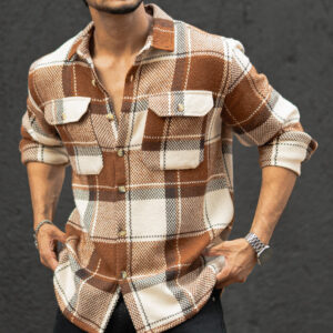 Home brown and off white checked regular fit full sleeves shirt