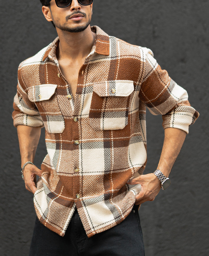 brown and off white checked regular fit full sleeves shirt brown and off white checked regular fit full sleeves shirt