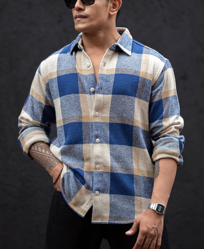 blue and off white checked regular fit full sleeves shirt blue and off white checked regular fit full sleeves shirt