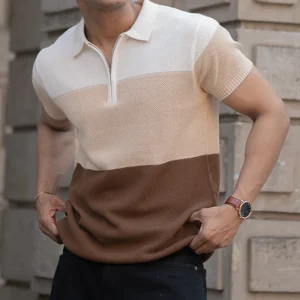 earthy stripe zipper polo t shirt