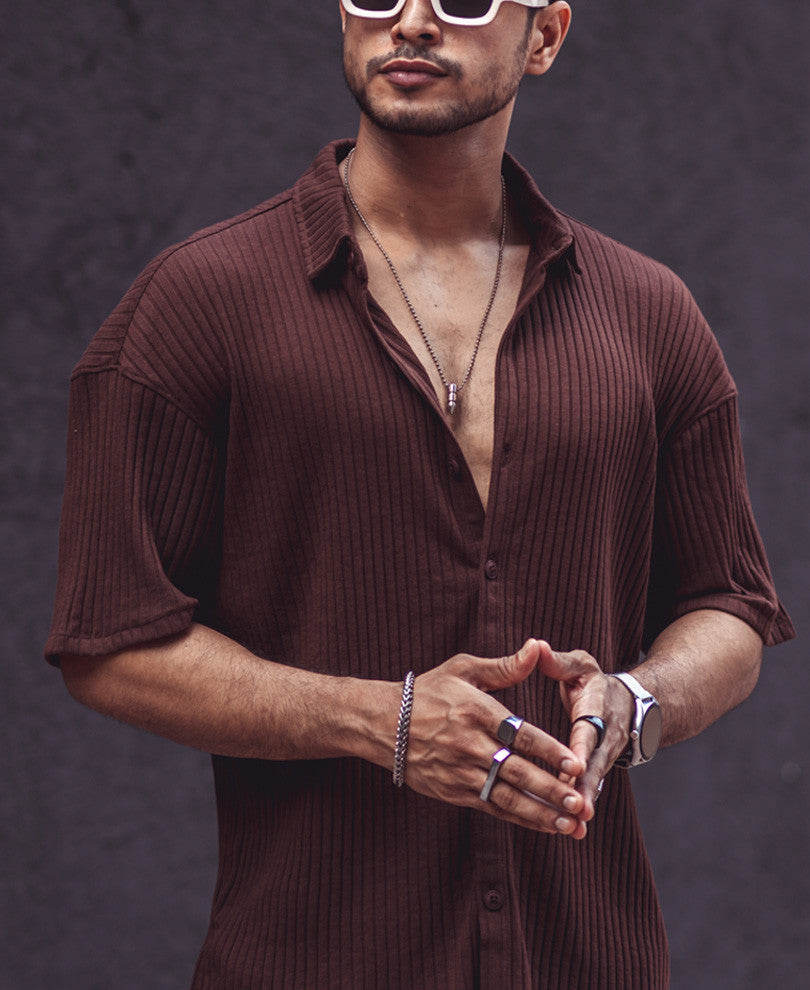brown rib knit oversize drop shoulder shirt brown rib knit oversize drop shoulder shirt