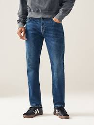 medium blue 5 pocket mid rise slim straight fit stretch jeans