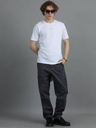 men 2 cotton relaxed fit cargo trousers, charcoal grey black men 2 cotton relaxed fit cargo trousers, charcoal grey black