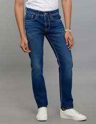 medium blue 5 pocket mid rise slim straight fit classic stretch jeans