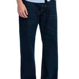 dark blue 5 pocket midrise loose fit stretch jeans