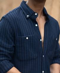 denim knit structured stripe shirt
